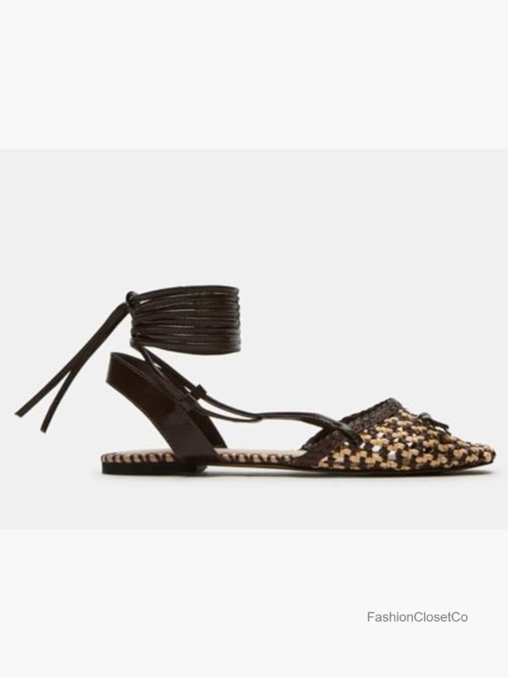 Woven Ballet Flats Lace Up Closed Square Toe Summer Flats Shoes - Picture 4 of 5